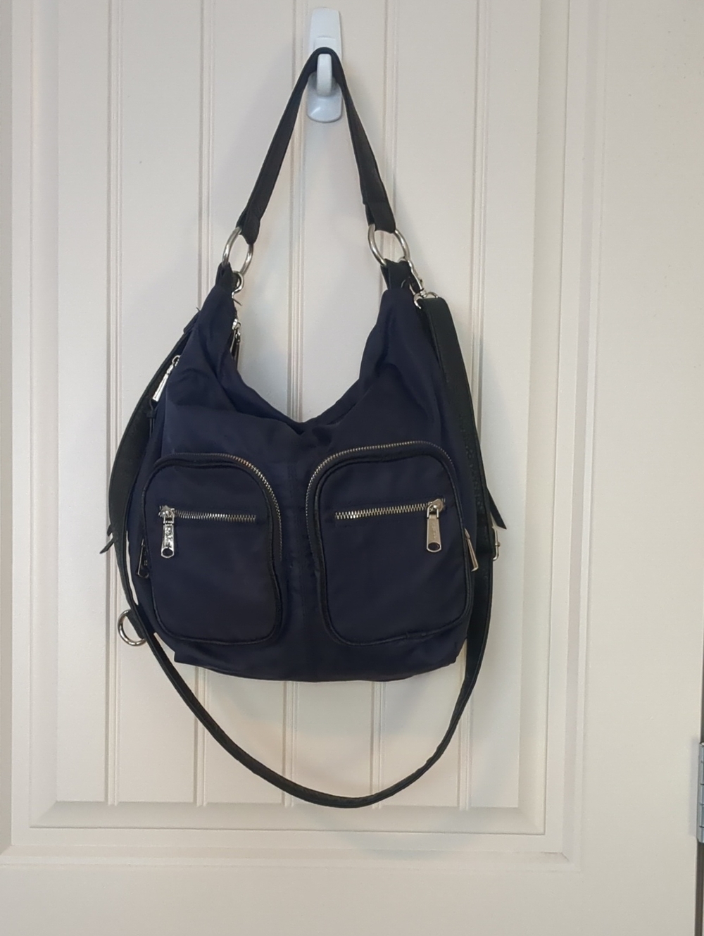 Classic Navy Shoulder Bag with Front Zipper Pockets